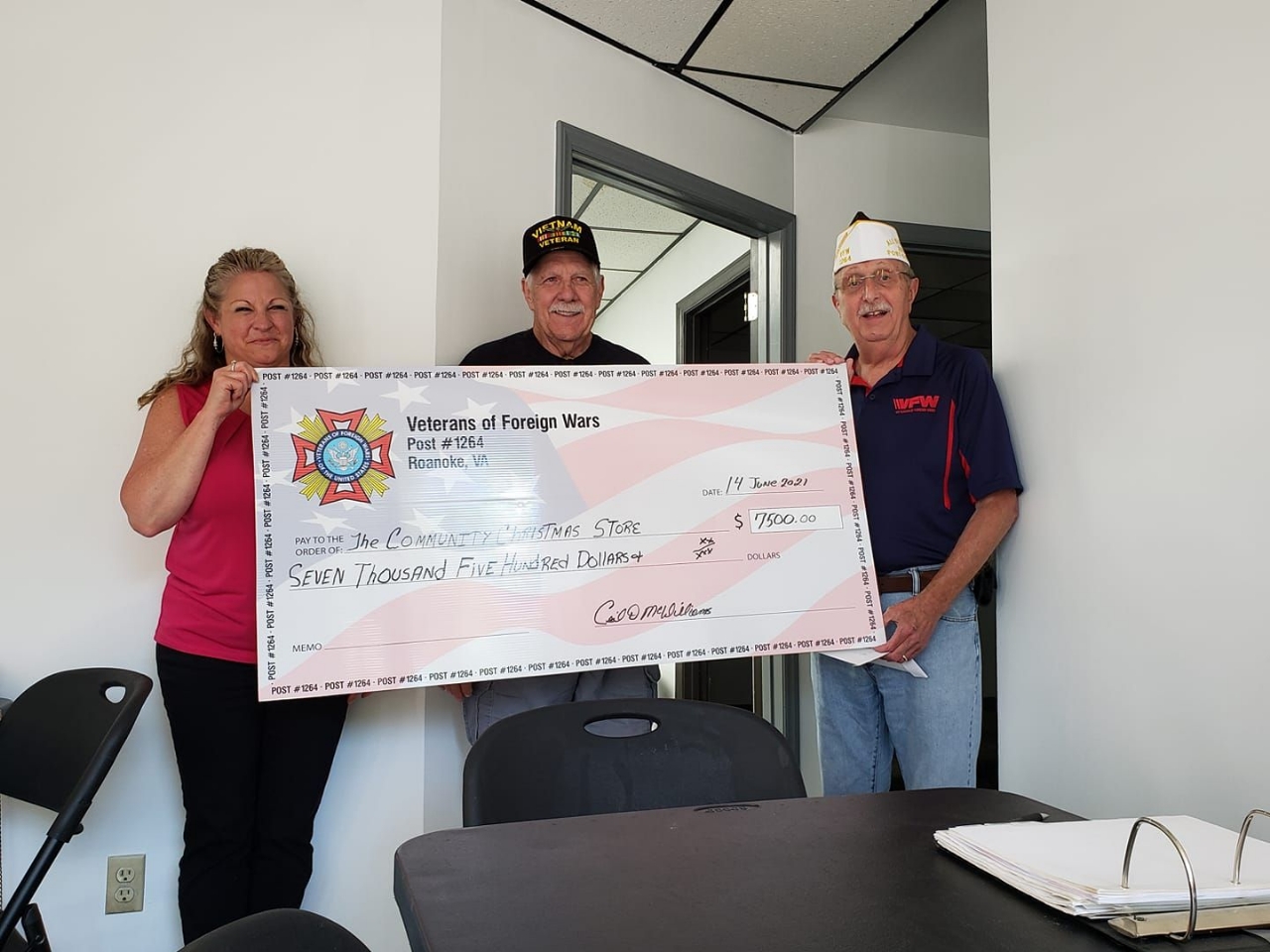 The VFW was Proud to support the Roanoke Valley Community Christmas Store. Presenting a Check for $7500.00 was Trustees. Nolan Jackson and Commander Cecil McWilliams. The VFW supports Veterans and our Community.